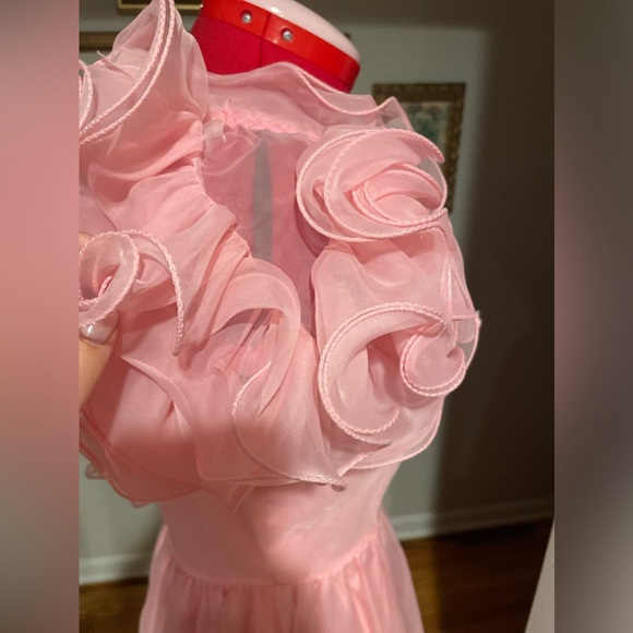 Vintage 70s Blush Pink Organza Ruffled Sleeve Bridal / Prom Formal Gown - Picture 2 of 16